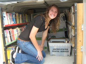Lauren Berry inside the Bookmobile